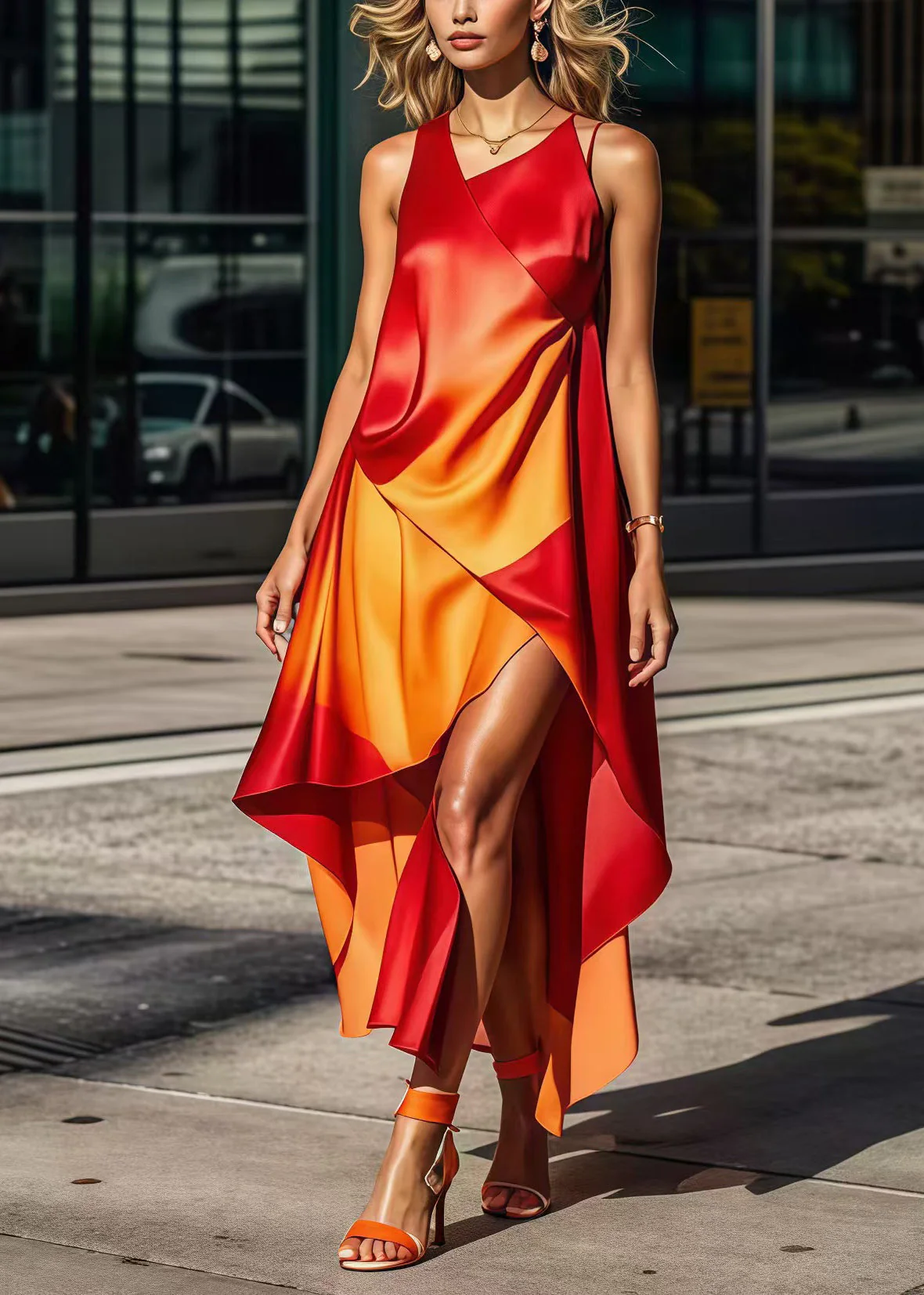 Chic Gradient Color Asymmetrical Design Silk Long Dress Summer - Image 5