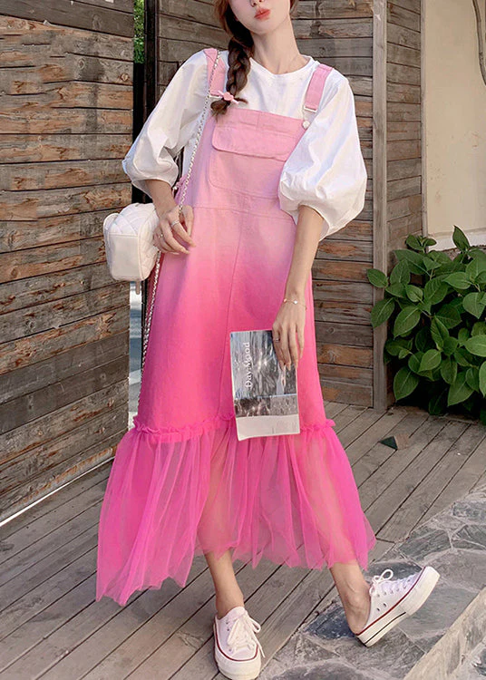 Chic Gradient Color Pockets Tulle Patchwork Denim Strap Dress Sleeveless - Image 2