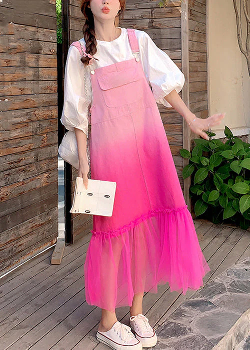 Chic Gradient Color Pockets Tulle Patchwork Denim Strap Dress Sleeveless - Image 3