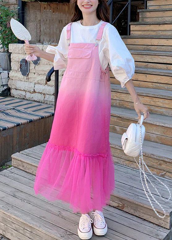 Chic Gradient Color Pockets Tulle Patchwork Denim Strap Dress Sleeveless - Image 4