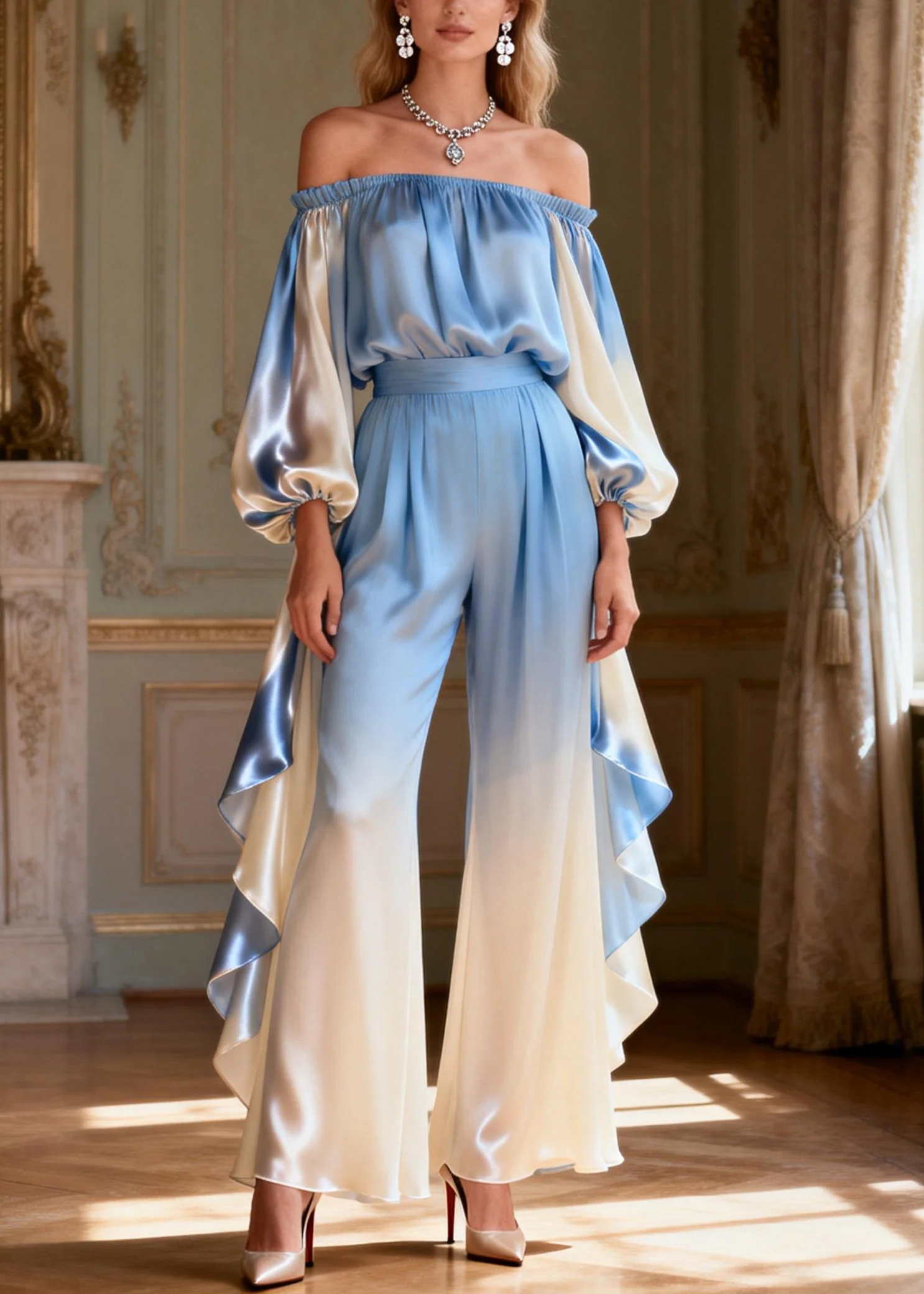 Chic Gradient Color Slash Neck Ruffled Silk Two Piece Set Spring - Image 3