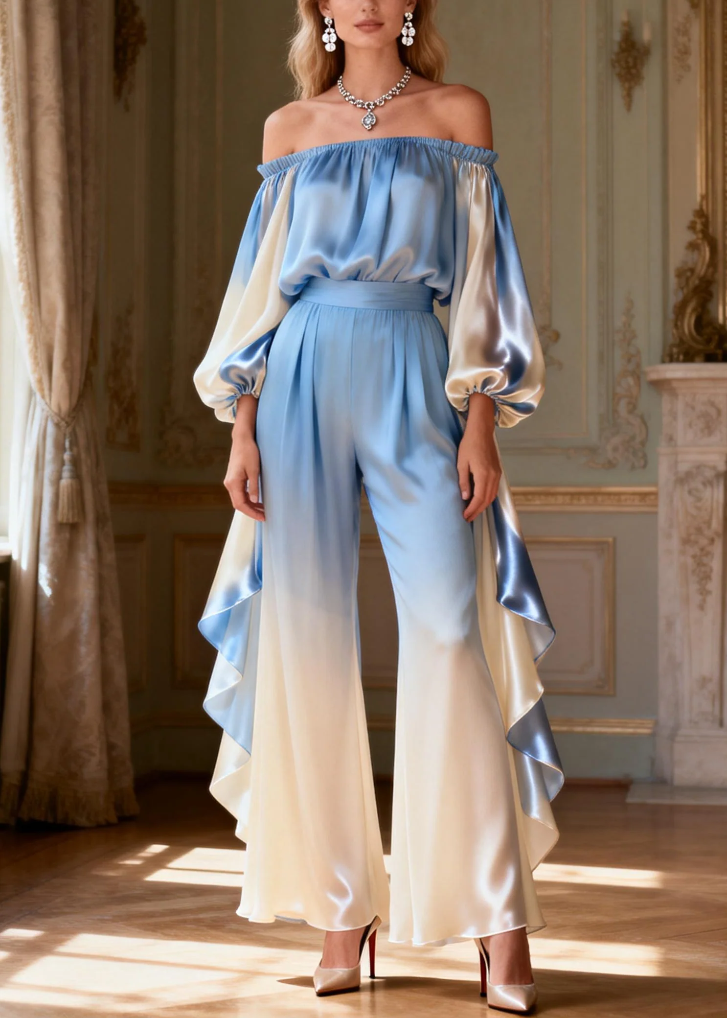 Chic Gradient Color Slash Neck Ruffled Silk Two Piece Set Spring - Image 5