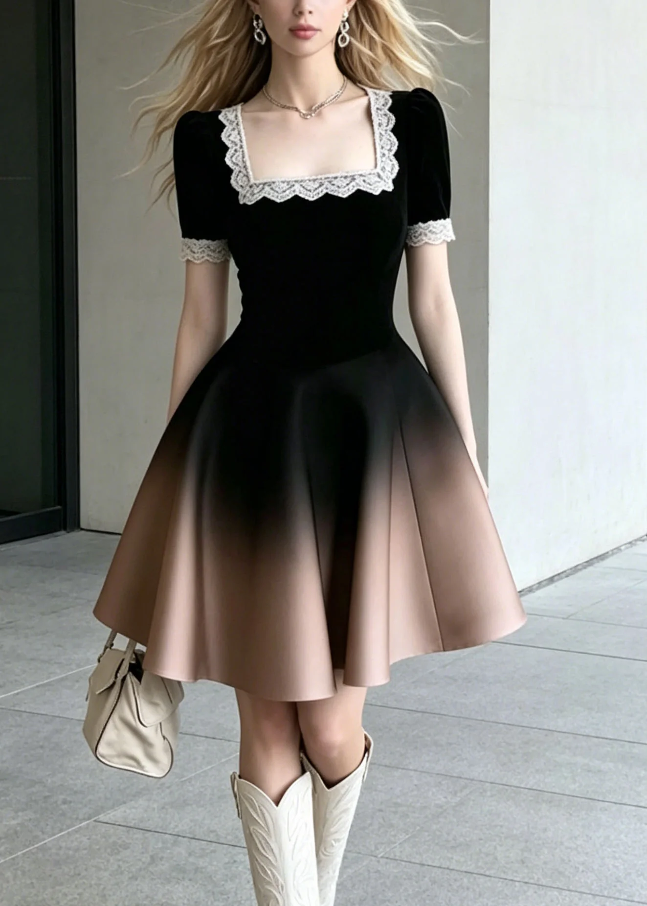 Chic Gradient Color Square Collar Lace Patchwork Cotton Dress Summer - Image 3