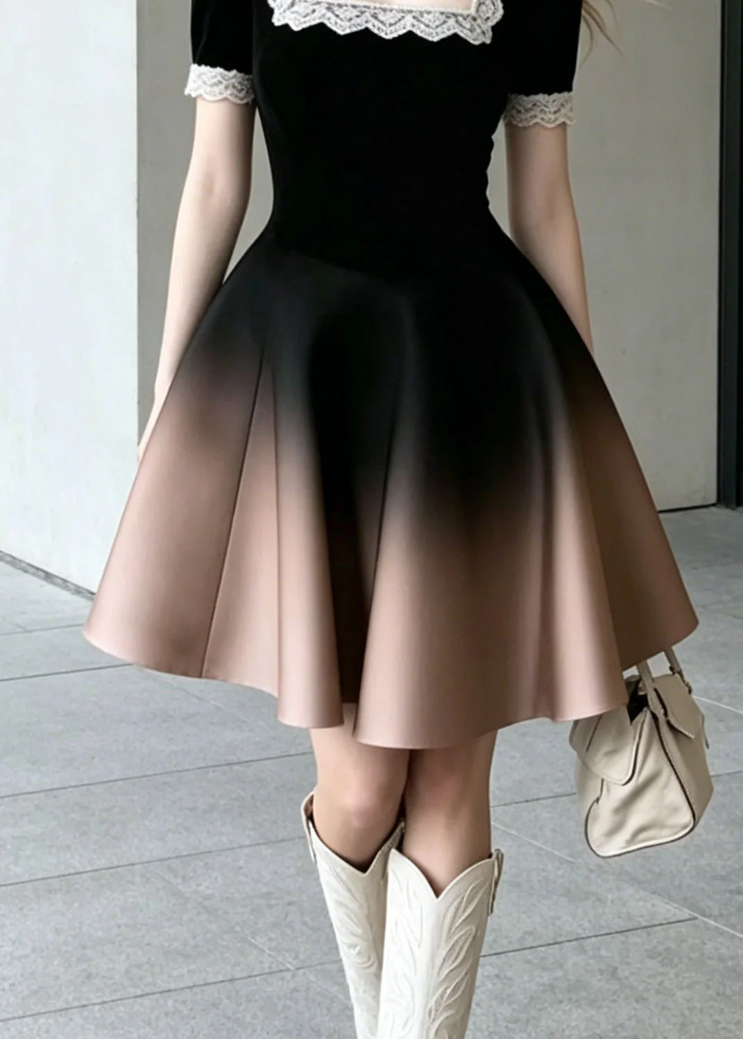 Chic Gradient Color Square Collar Lace Patchwork Cotton Dress Summer - Image 4