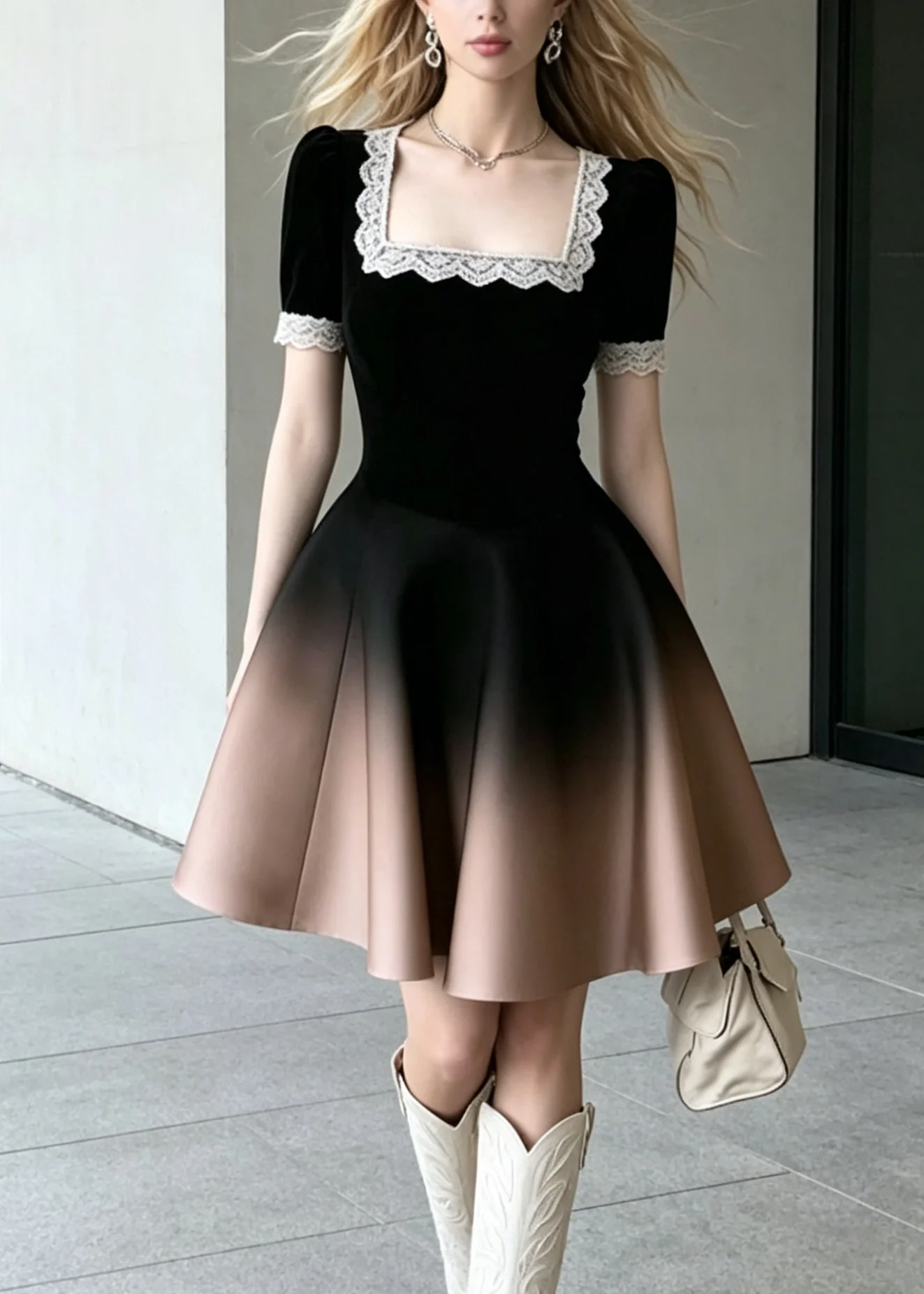 Chic Gradient Color Square Collar Lace Patchwork Cotton Dress Summer - Image 5
