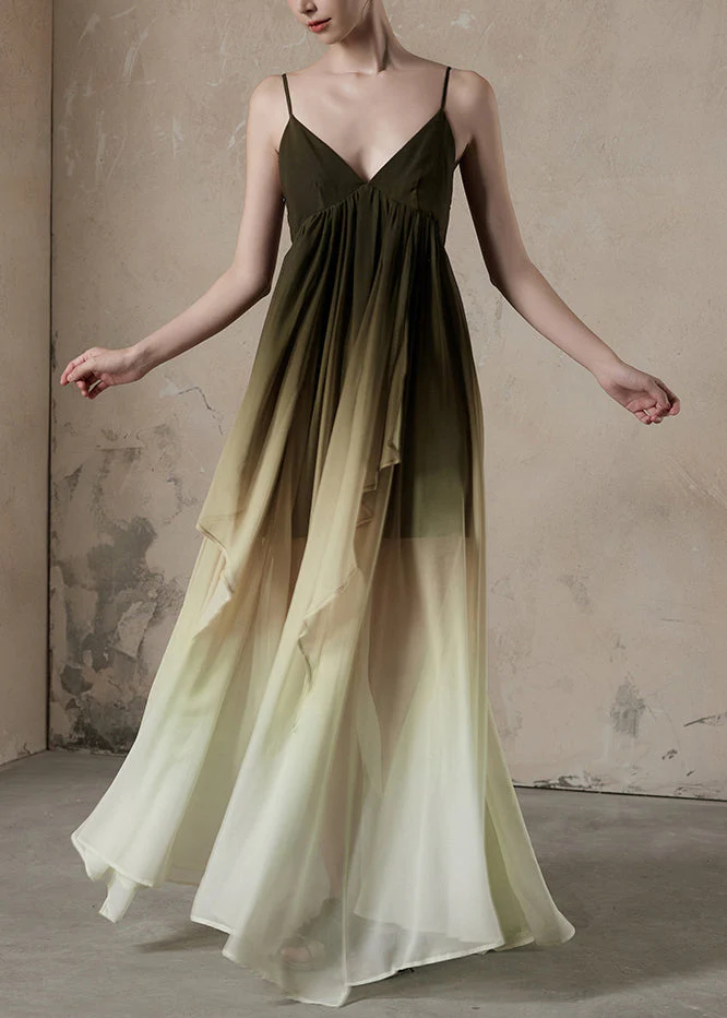 Chic Gradient Color V Neck Wrinkled Chiffon Long Dress Sleeveless