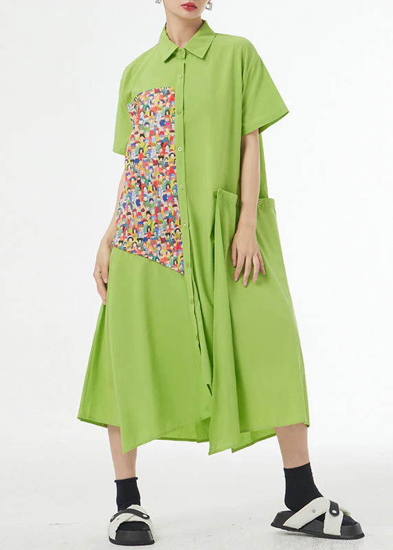 Chic Grass Green Asymmetrical Button Patchwork Silk Cotton Shirts Dress Summer - Image 2