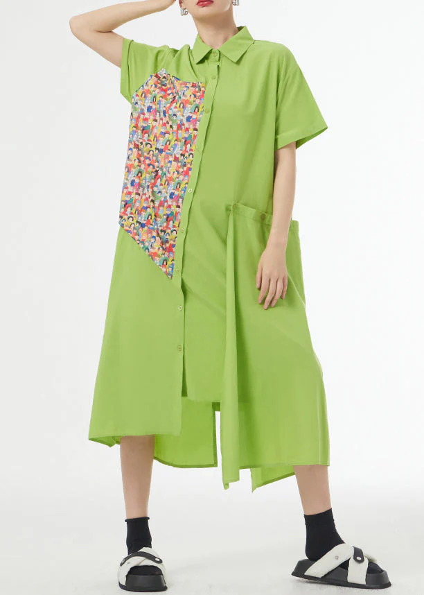 Chic Grass Green Asymmetrical Button Patchwork Silk Cotton Shirts Dress Summer - Image 3