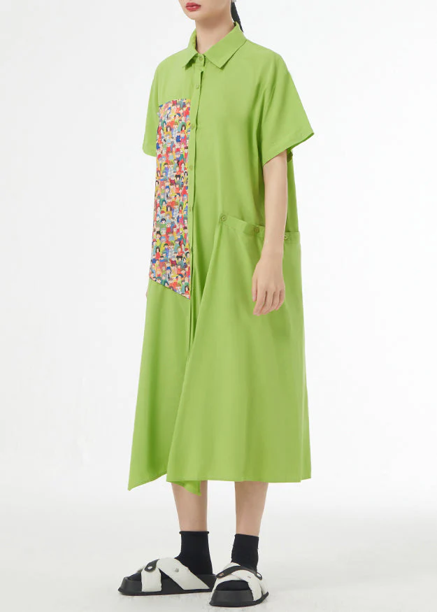 Chic Grass Green Asymmetrical Button Patchwork Silk Cotton Shirts Dress Summer - Image 4