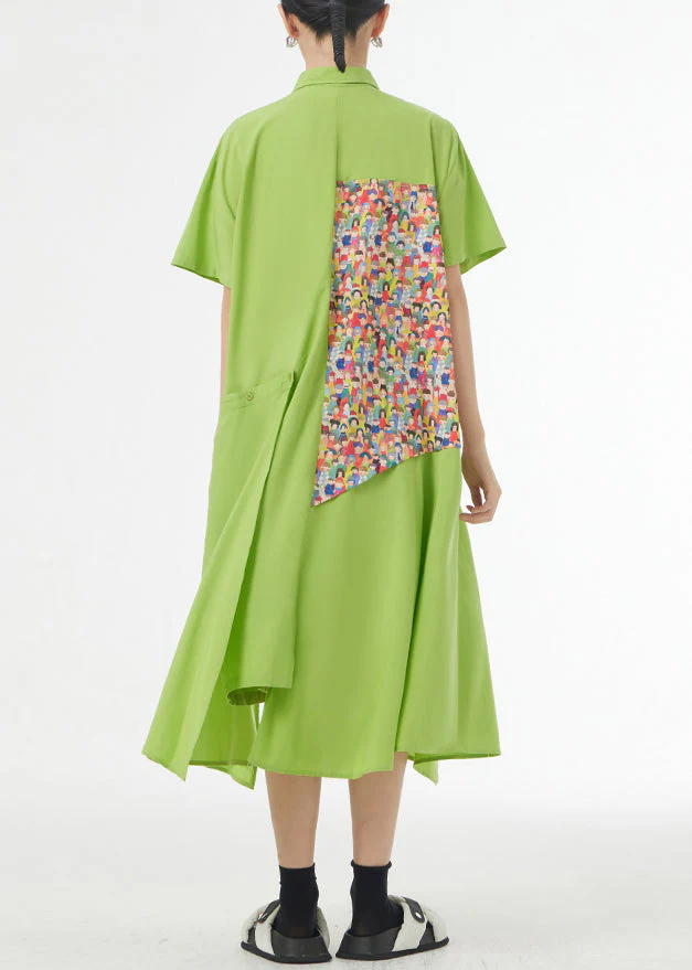 Chic Grass Green Asymmetrical Button Patchwork Silk Cotton Shirts Dress Summer - Image 5