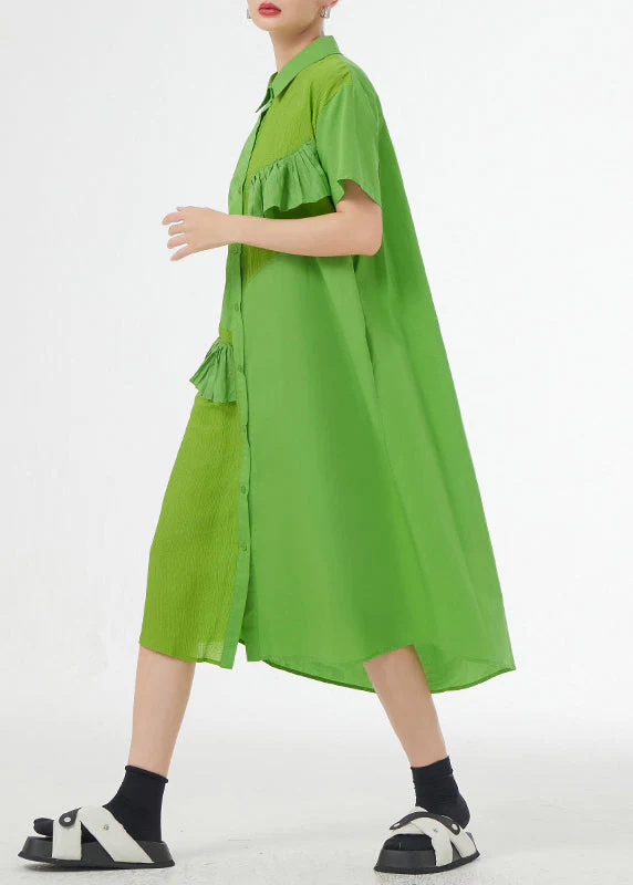 Chic Grass Green Ruffled Button Patchwork Cotton Shirts Dress Summer - Image 2