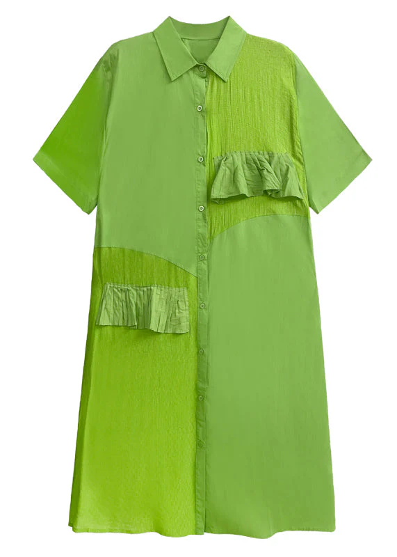Chic Grass Green Ruffled Button Patchwork Cotton Shirts Dress Summer - Image 5