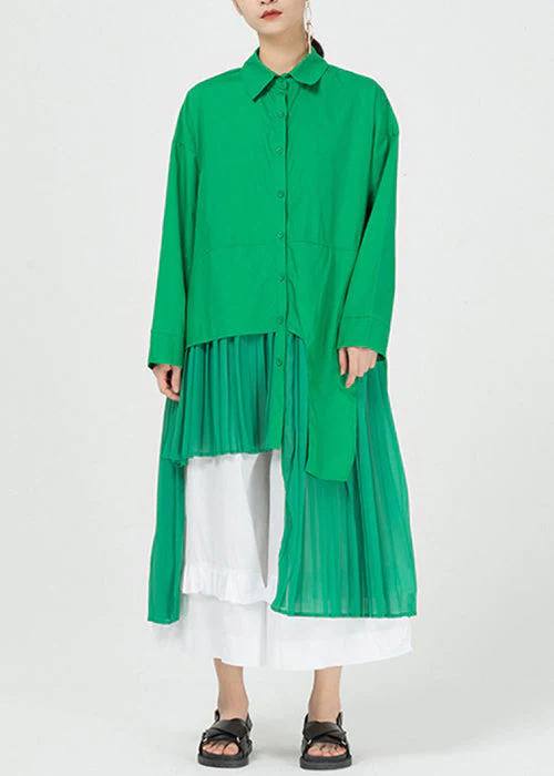 Chic Green Asymmetrical Patchwork Cotton Shirts Dresses Spring