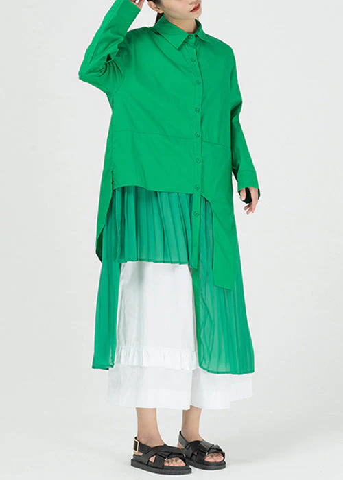 Chic Green Asymmetrical Patchwork Cotton Shirts Dresses Spring - Image 2