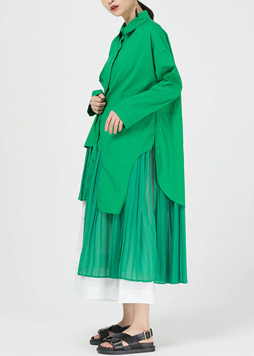 Chic Green Asymmetrical Patchwork Cotton Shirts Dresses Spring - Image 3