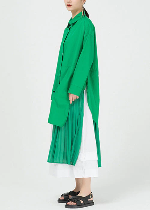 Chic Green Asymmetrical Patchwork Cotton Shirts Dresses Spring - Image 4