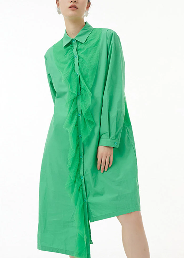 Chic Green Asymmetrical Tulle Patchwork Ruffles Cotton Shirt Dress Spring - Image 2