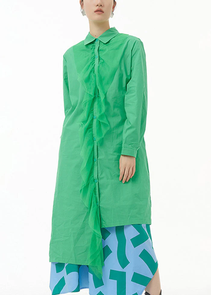 Chic Green Asymmetrical Tulle Patchwork Ruffles Cotton Shirt Dress Spring - Image 3
