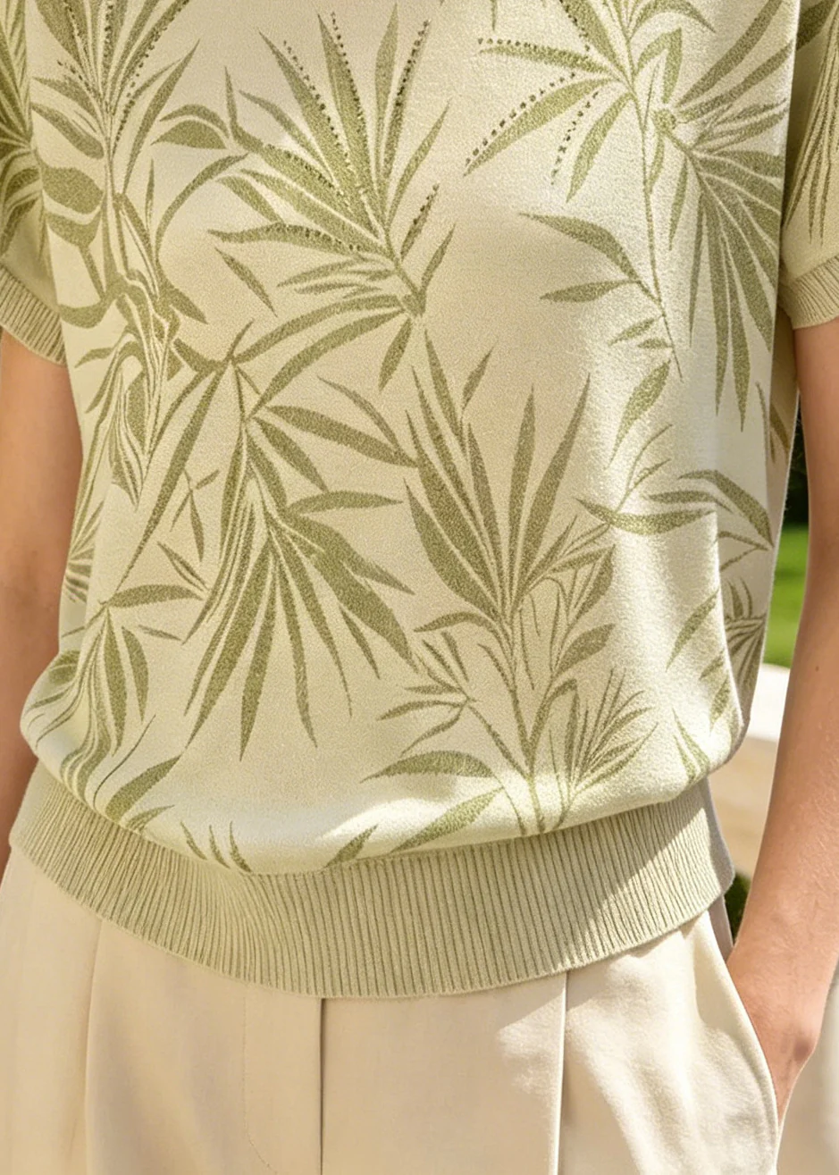 Chic Green Bamboo Print Zircon Knit Shirt Tops Summer - Image 4