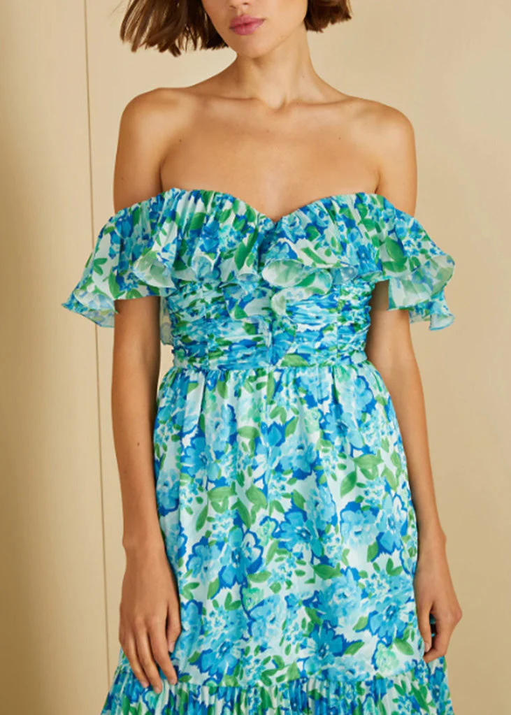 Chic Green Cold Shoulder Ruffled Print Chiffon Vacation Dresses Summer - Image 4