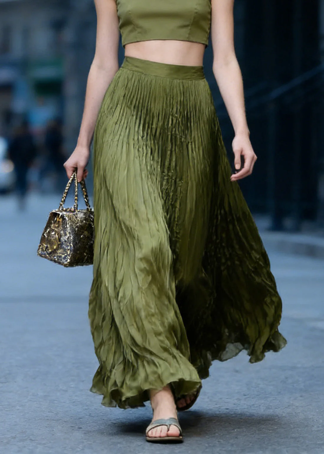 Chic Green High Waist Wrinkled Chiffon Skirts Spring - Image 3