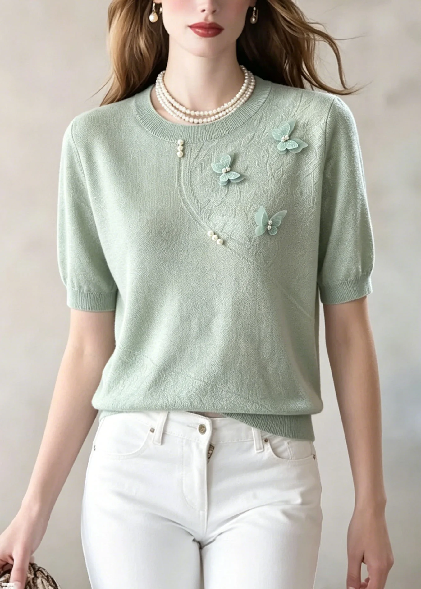 Chic Green Jacquard Butterfly Nail Bead Thin Knit Tops Summer - Image 3