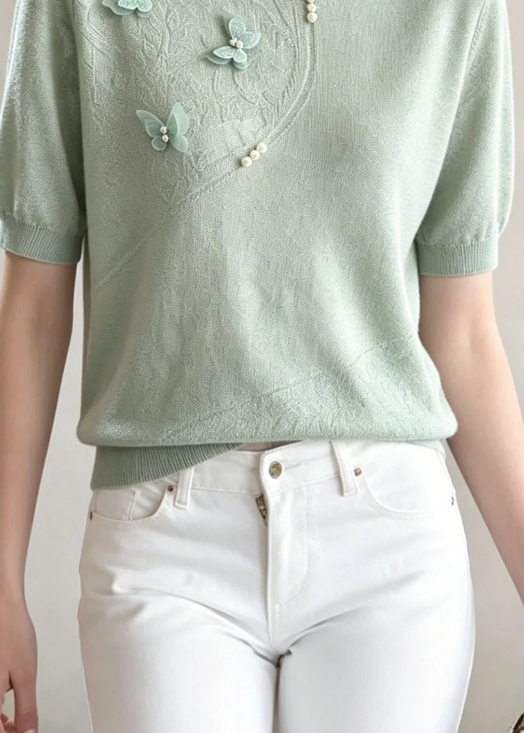 Chic Green Jacquard Butterfly Nail Bead Thin Knit Tops Summer - Image 4