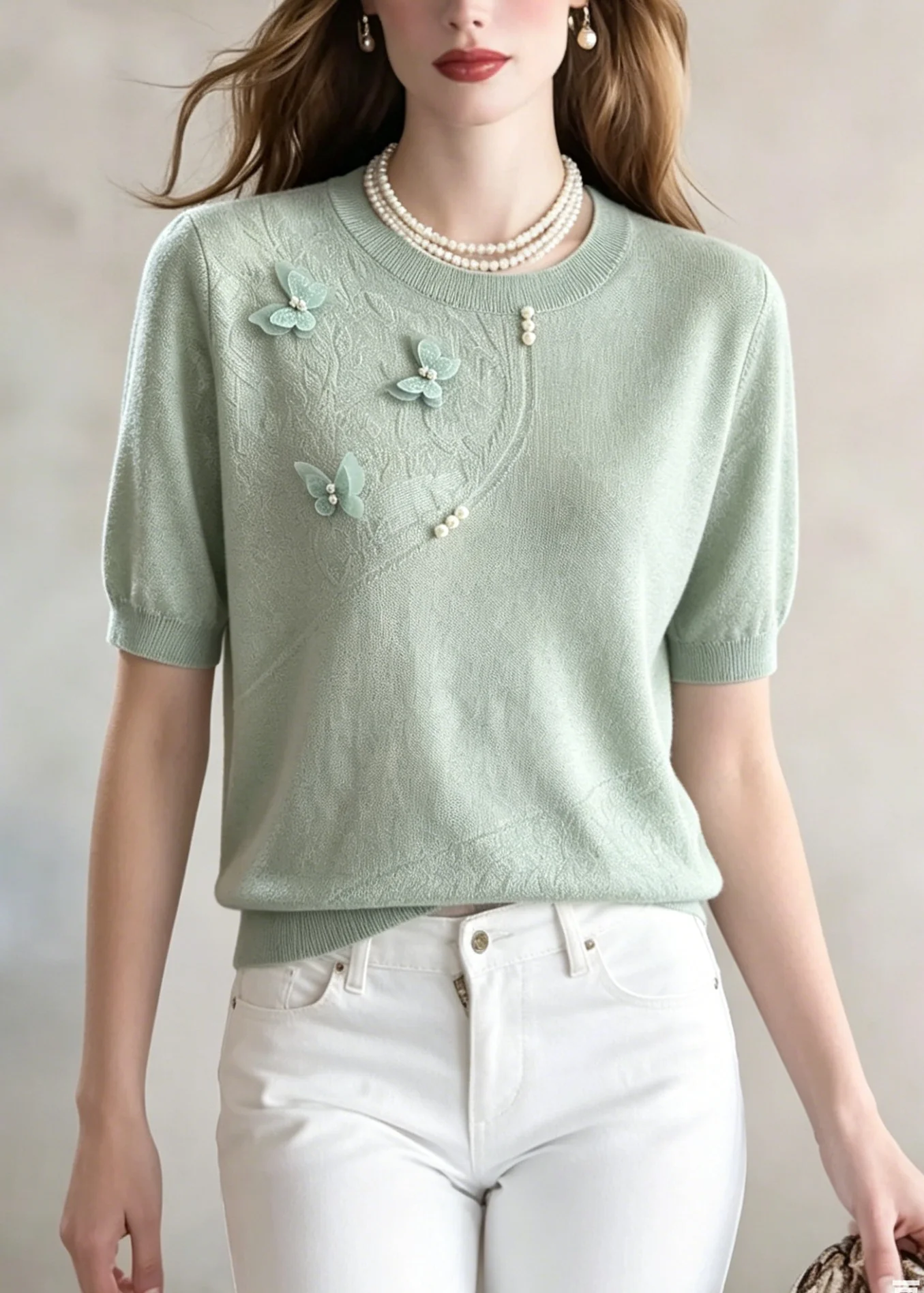 Chic Green Jacquard Butterfly Nail Bead Thin Knit Tops Summer - Image 5