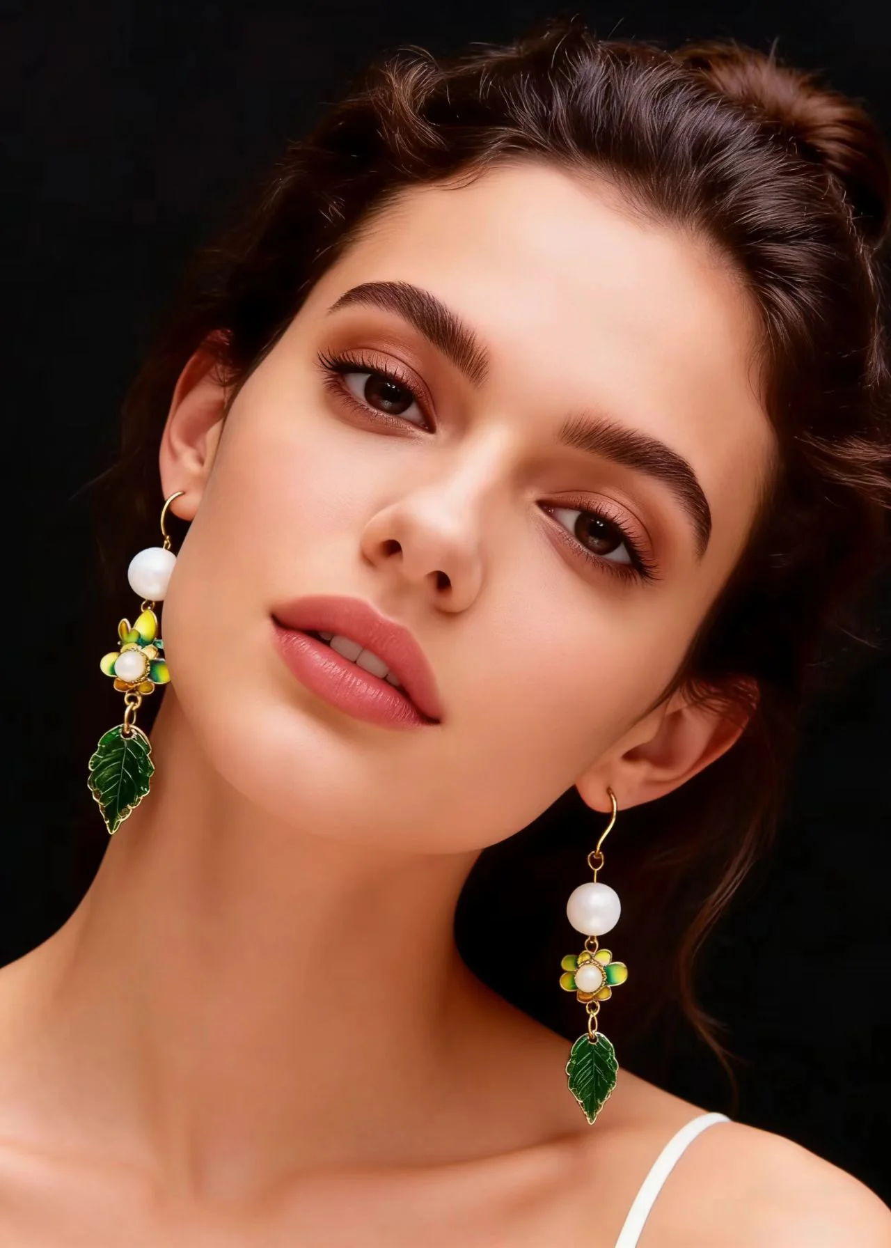 Chic Green Leaf Metal Fine Pearl Drop Earrings - Image 3