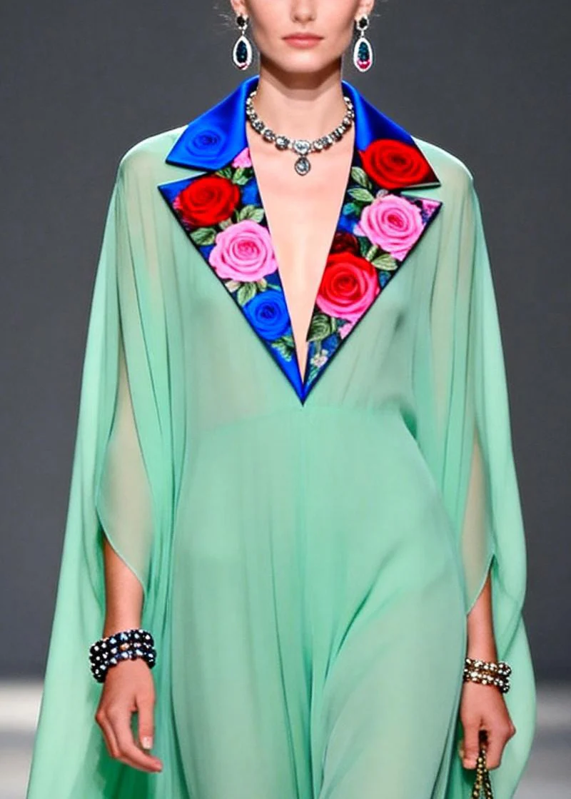 Chic Green Notched Patchwork Exra Large Hem Chiffon Dress Summer - Image 2