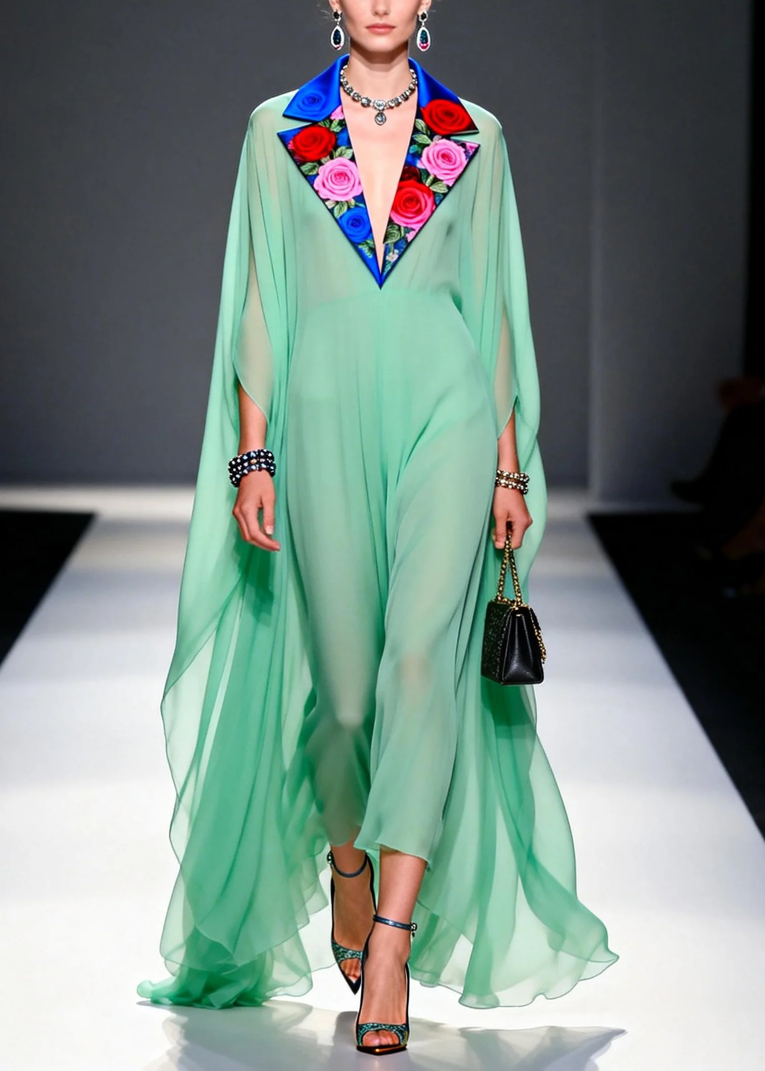 Chic Green Notched Patchwork Exra Large Hem Chiffon Dress Summer - Image 5
