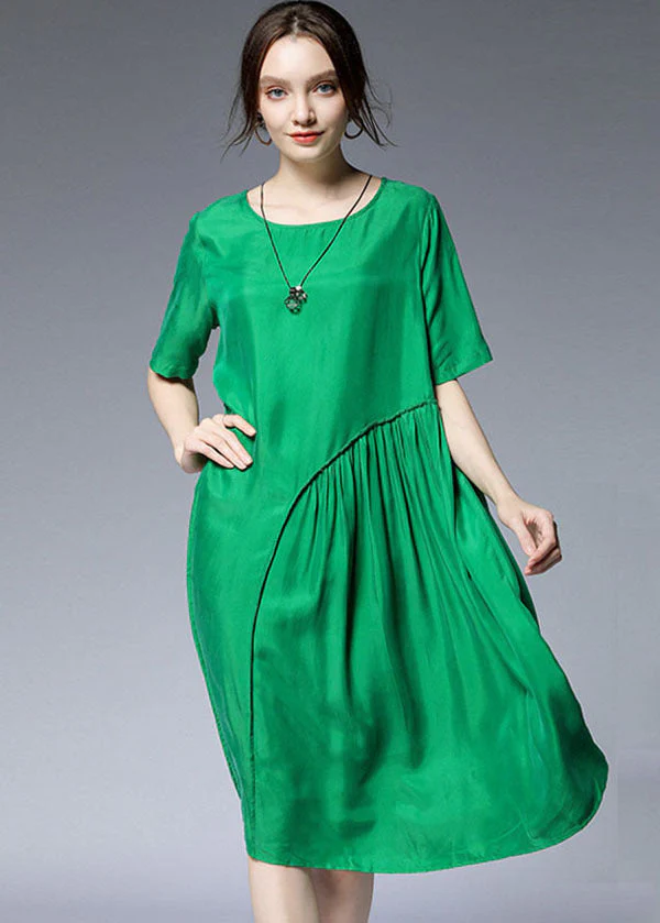 Chic Green O-Neck Asymmetrical Silk Holiday Dresses Short Sleeve - Image 2
