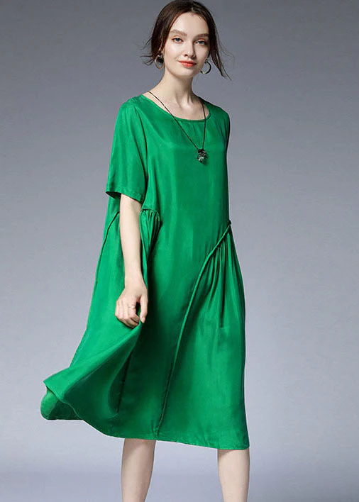 Chic Green O-Neck Asymmetrical Silk Holiday Dresses Short Sleeve - Image 3