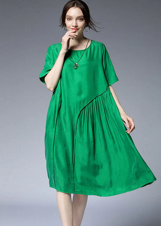 Chic Green O-Neck Asymmetrical Silk Holiday Dresses Short Sleeve - Image 4