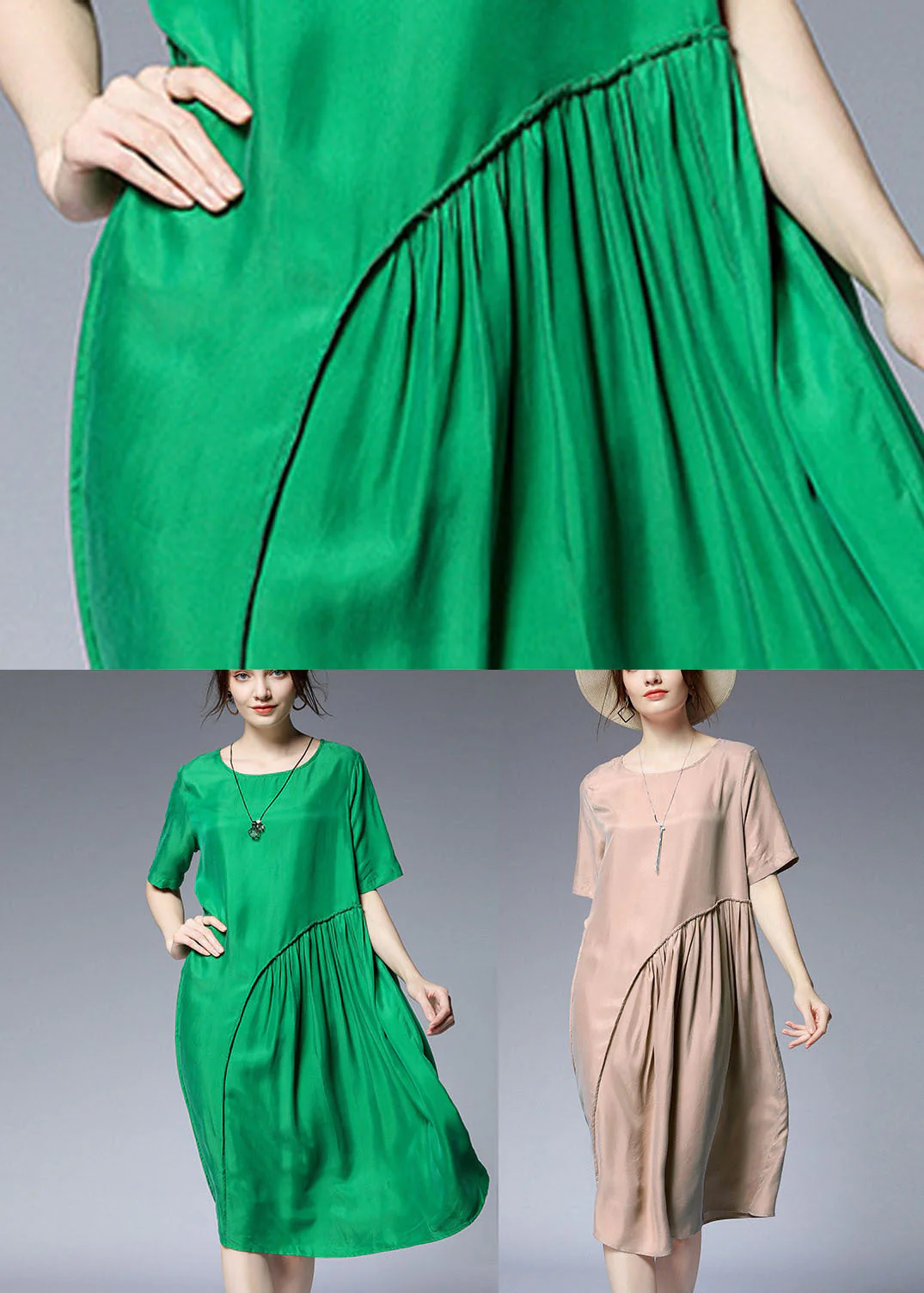 Chic Green O-Neck Asymmetrical Silk Holiday Dresses Short Sleeve - Image 5