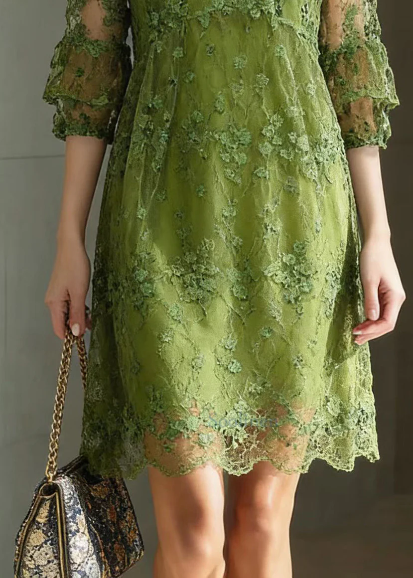 Chic Green O Neck Embroidered Patchwork Tulle Mid Dress Summer - Image 4