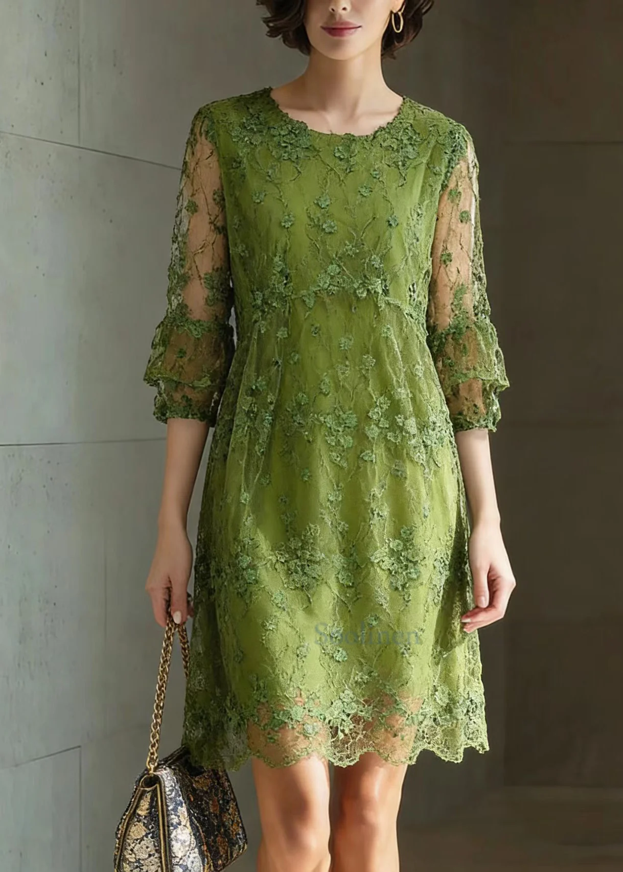 Chic Green O Neck Embroidered Patchwork Tulle Mid Dress Summer - Image 5