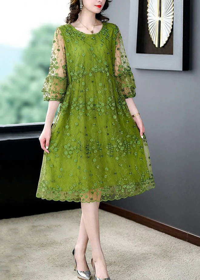 Chic Green O Neck Embroidered Patchwork Tulle Mid Dress Summer - Image 2