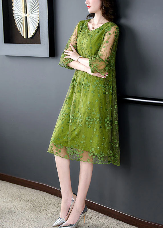 Chic Green O Neck Embroidered Patchwork Tulle Mid Dress Summer - Image 4