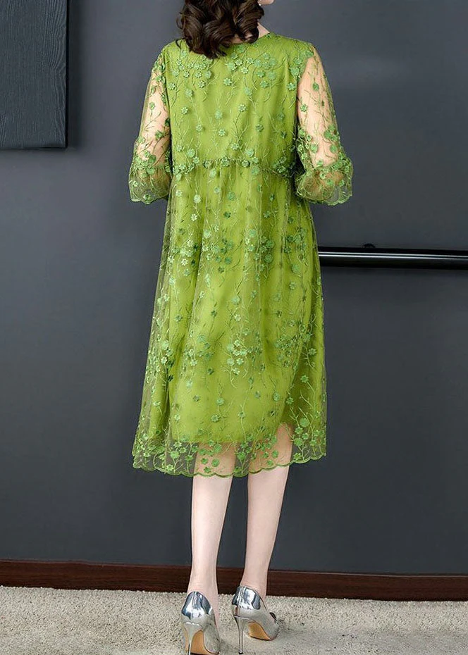 Chic Green O Neck Embroidered Patchwork Tulle Mid Dress Summer - Image 5