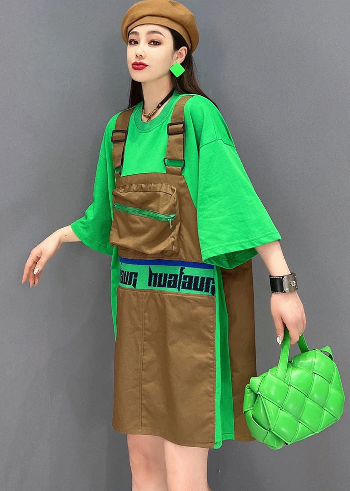 Chic Green O-Neck Patchwork Cotton Fake Two Piece Strap Dress Short Sleeve - Image 3