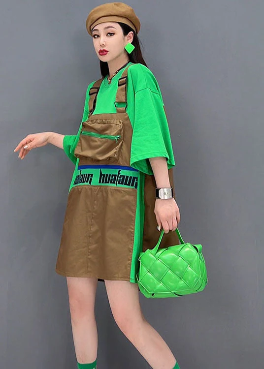 Chic Green O-Neck Patchwork Cotton Fake Two Piece Strap Dress Short Sleeve - Image 4