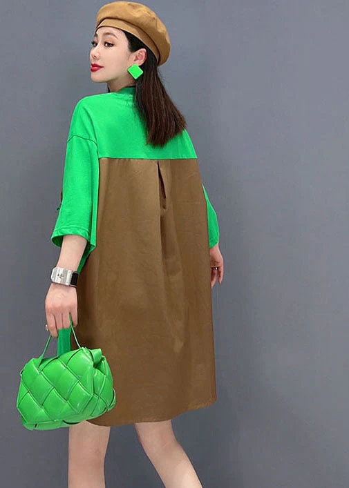 Chic Green O-Neck Patchwork Cotton Fake Two Piece Strap Dress Short Sleeve - Image 5