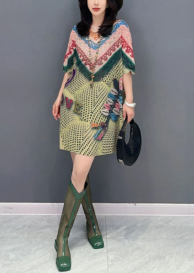 Chic Green O Neck Print Patchwork Cotton Mid Dresses Summer - Image 3