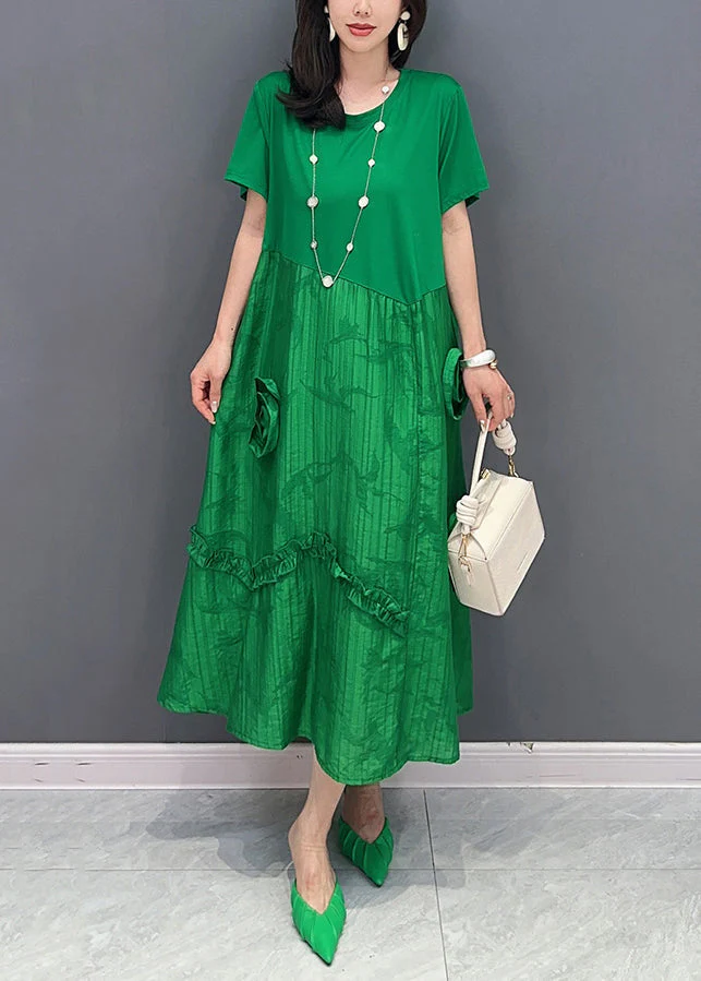 Chic Green O Neck Ruffled Patchwork Cotton Dresses Summer - Image 2