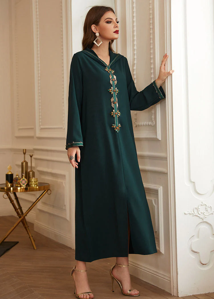 Chic Green Patchwork Zircon Hooded Silk Long Dresses Long Sleeve - Image 3