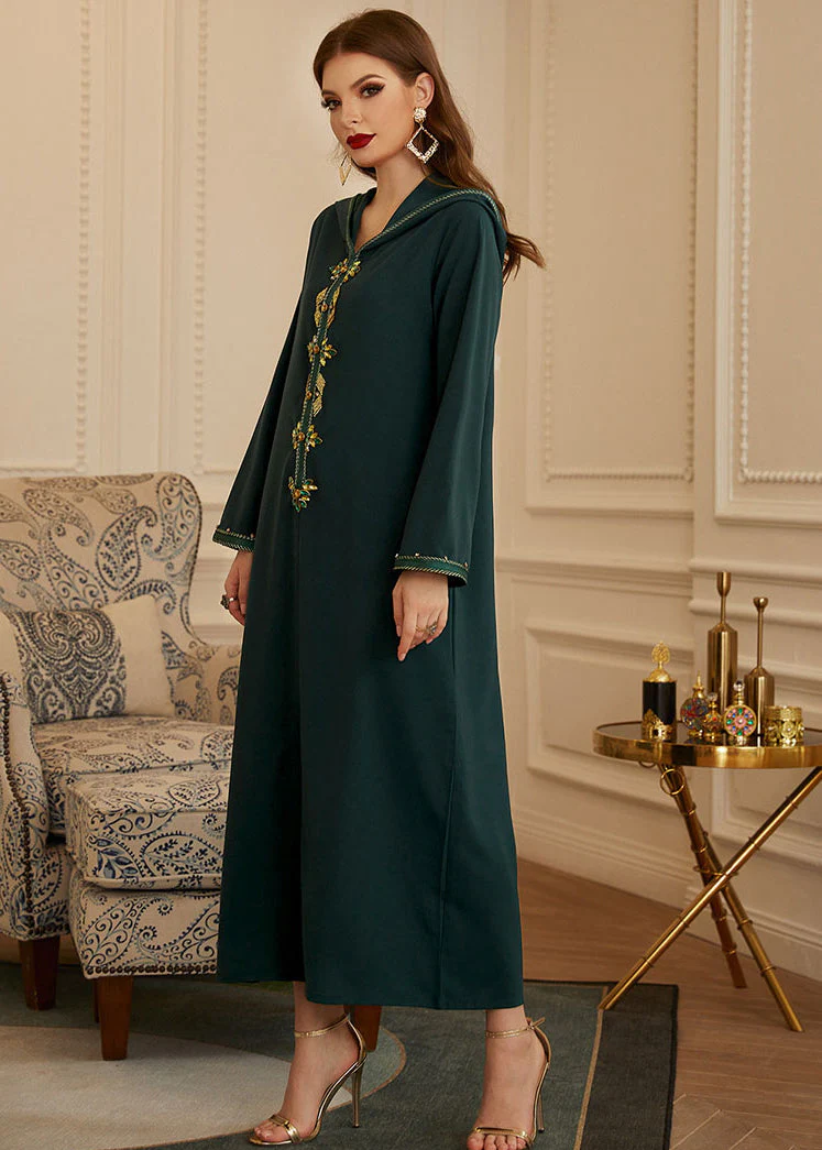 Chic Green Patchwork Zircon Hooded Silk Long Dresses Long Sleeve - Image 4