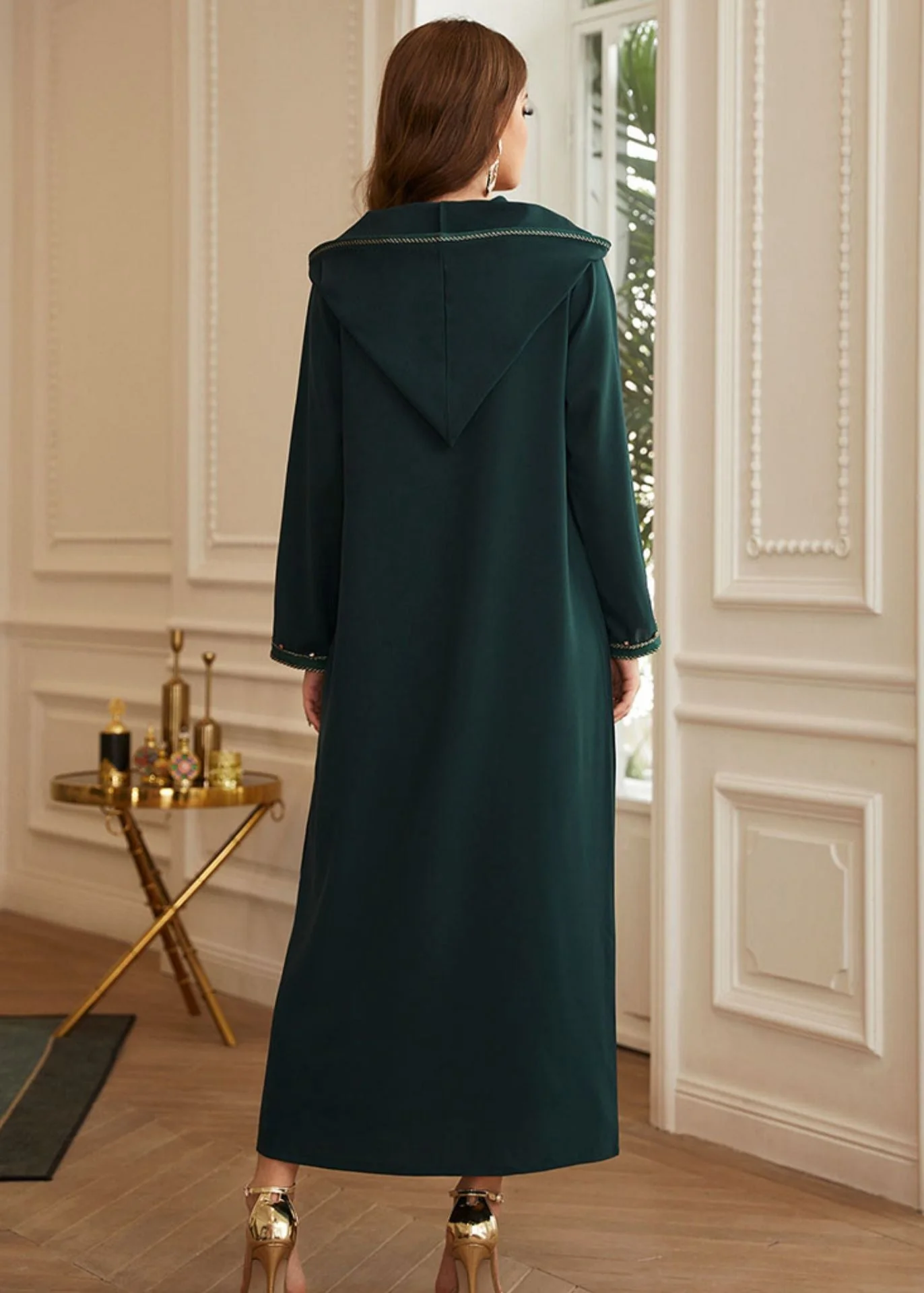 Chic Green Patchwork Zircon Hooded Silk Long Dresses Long Sleeve - Image 5