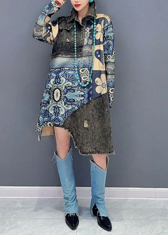Chic Green Peter Pan Collar Asymmetrical Print Vacation Mid Dresses Long Sleeve - Image 2