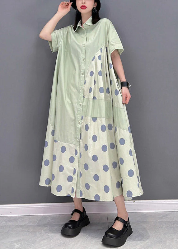 Chic Green Peter Pan Collar Dot Patchwork Button Pockets Wrinkled Dress Half Sleeve - Image 2